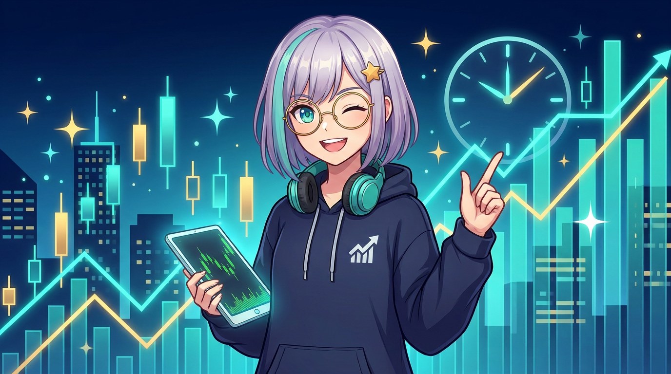 Nova, the guide, in front of a glowing chart skyline